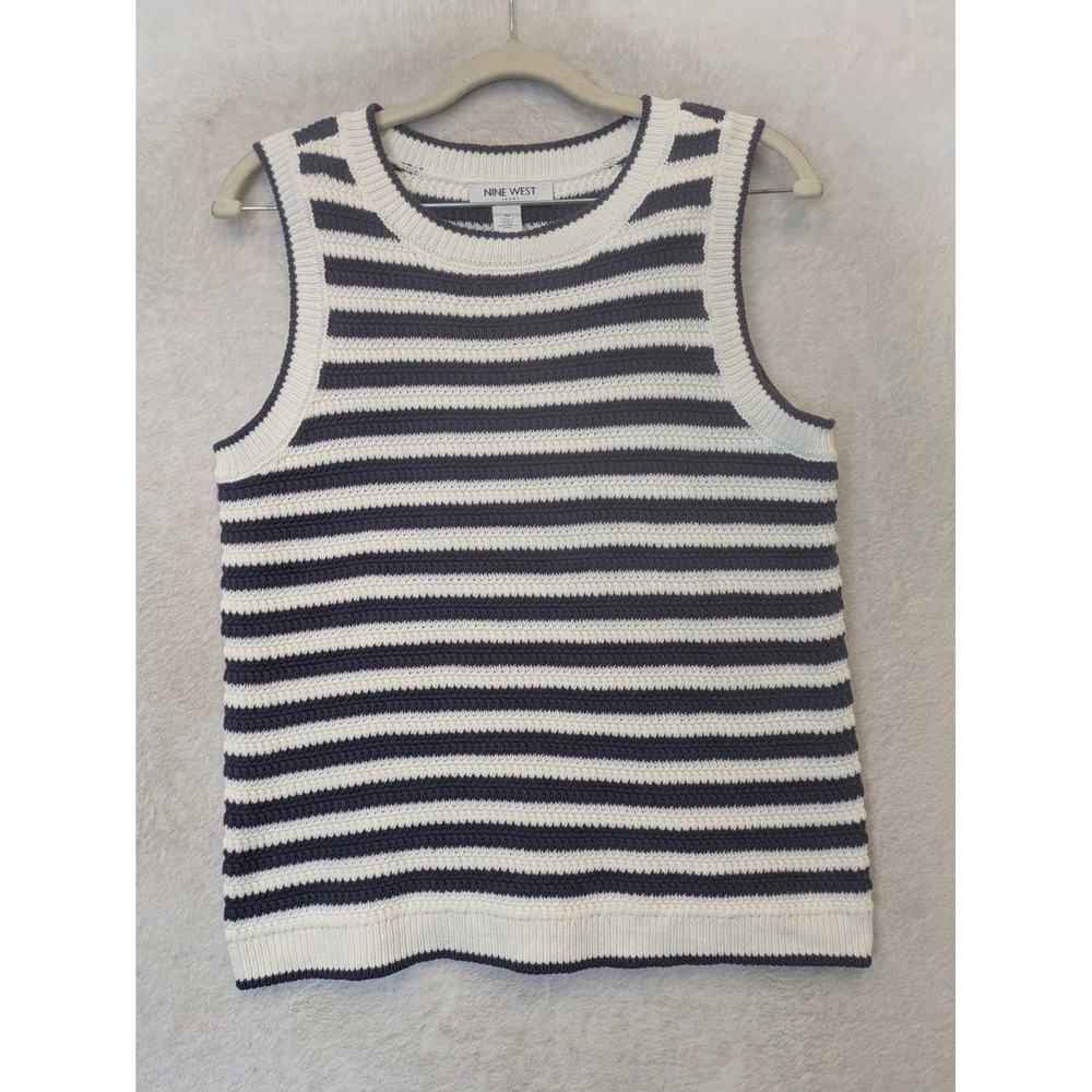 Nine West Sweater Tank Women's M Navy White Striped Crochet Knit Sleeveless